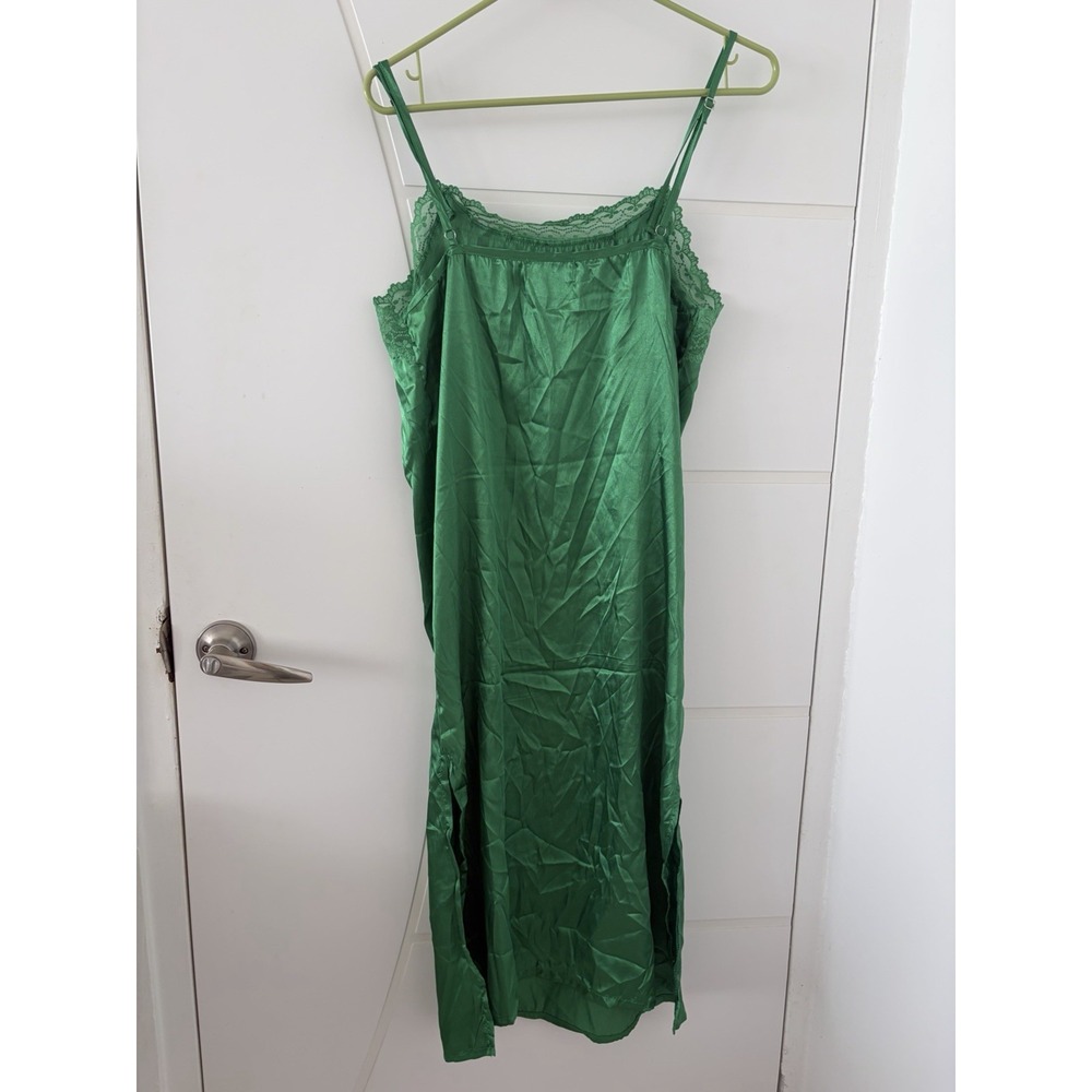 Joan Vass Green Satin Lace Trim Slip Dress Y2K Vintage Midi Nightgown Medium